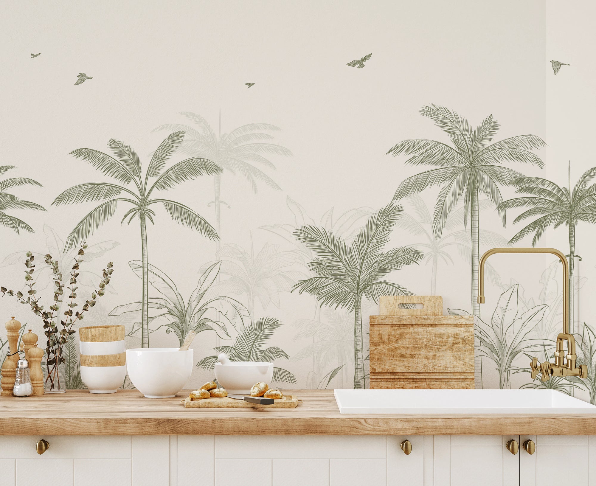 Kitchen palm grove mural with botanical line illustration on cream.