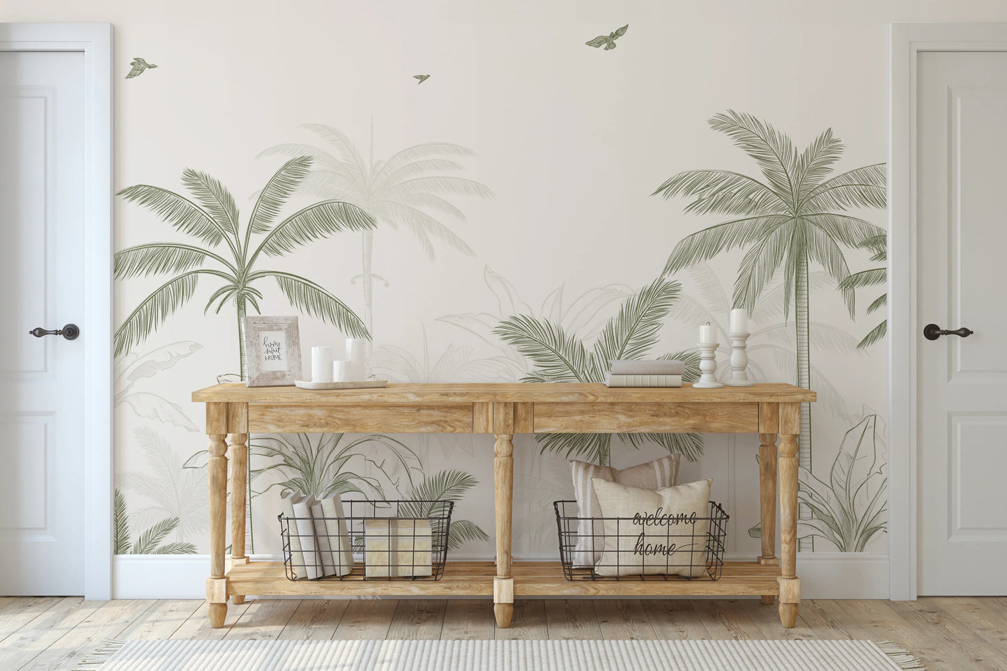 Sketched tropical wall mural showing tall palms, banana leaves and flying birds.