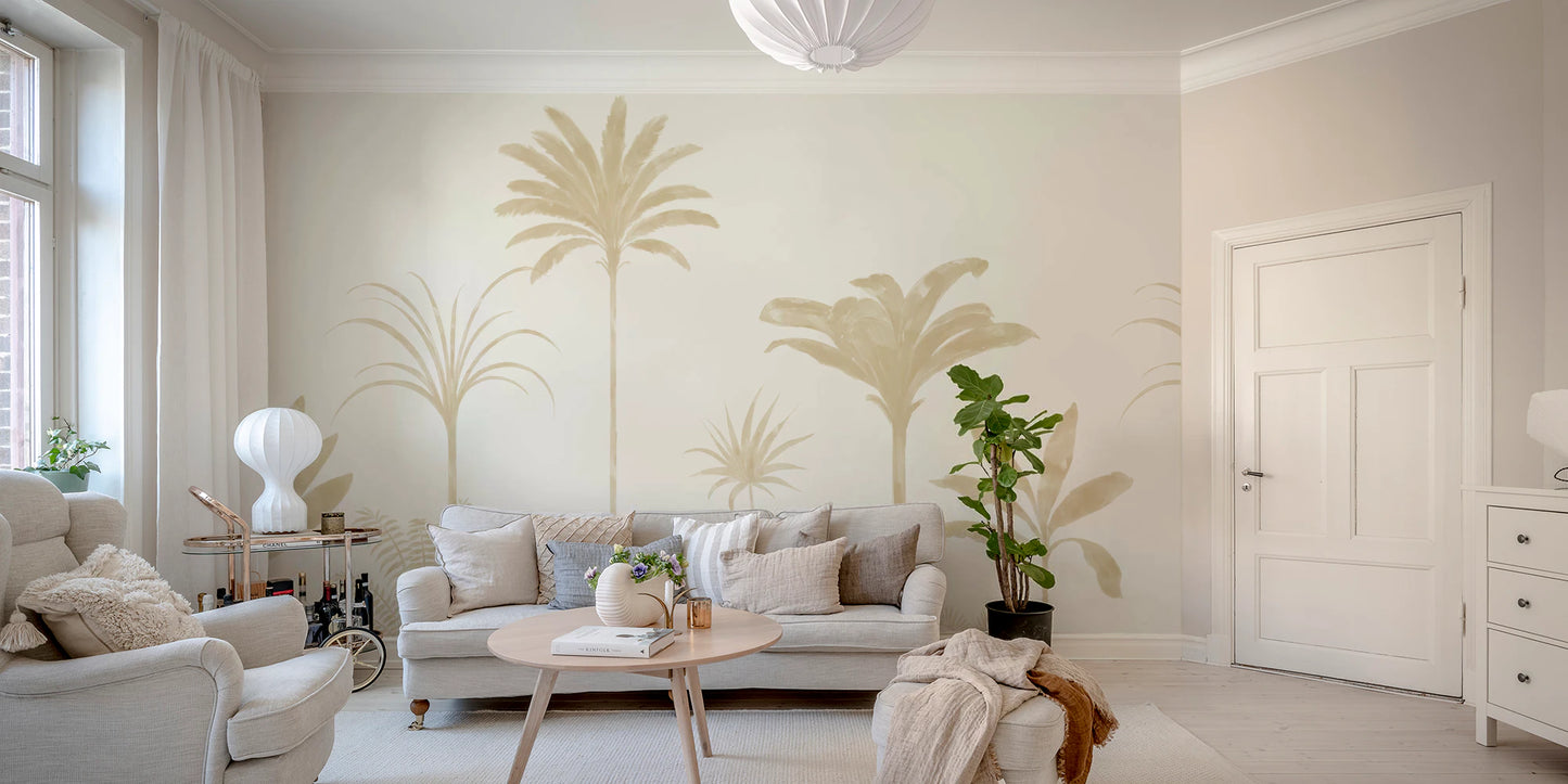 Tropical mural with painterly palm fronds in muted beige tones.