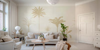 Tropical mural with painterly palm fronds in muted beige tones.