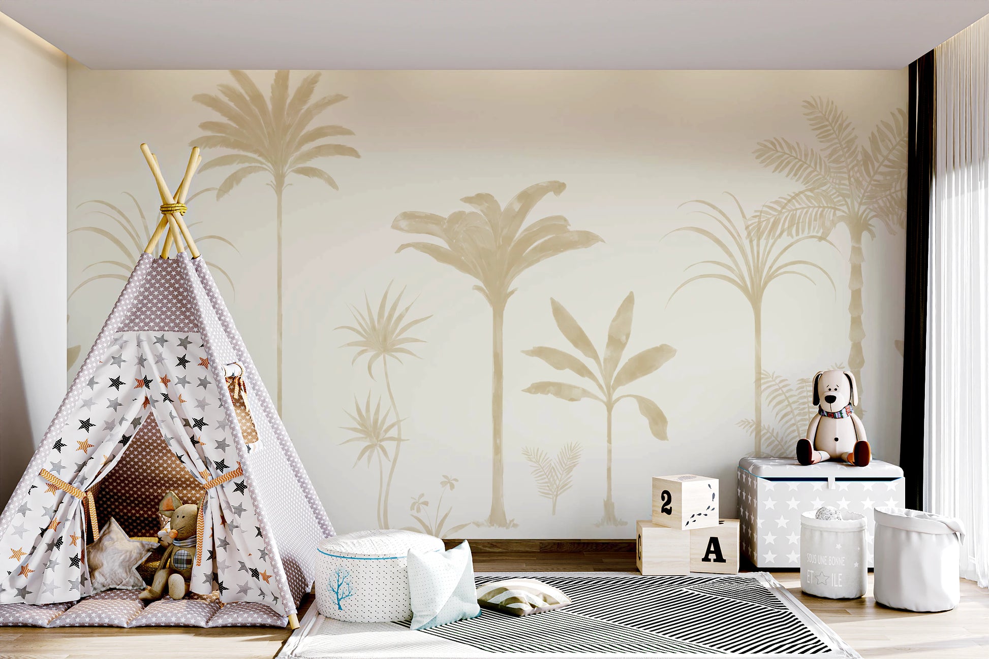 Botanical wall mural showing banana trees and yucca on ivory backdrop.