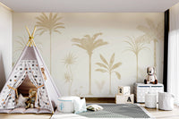 Botanical wall mural showing banana trees and yucca on ivory backdrop.
