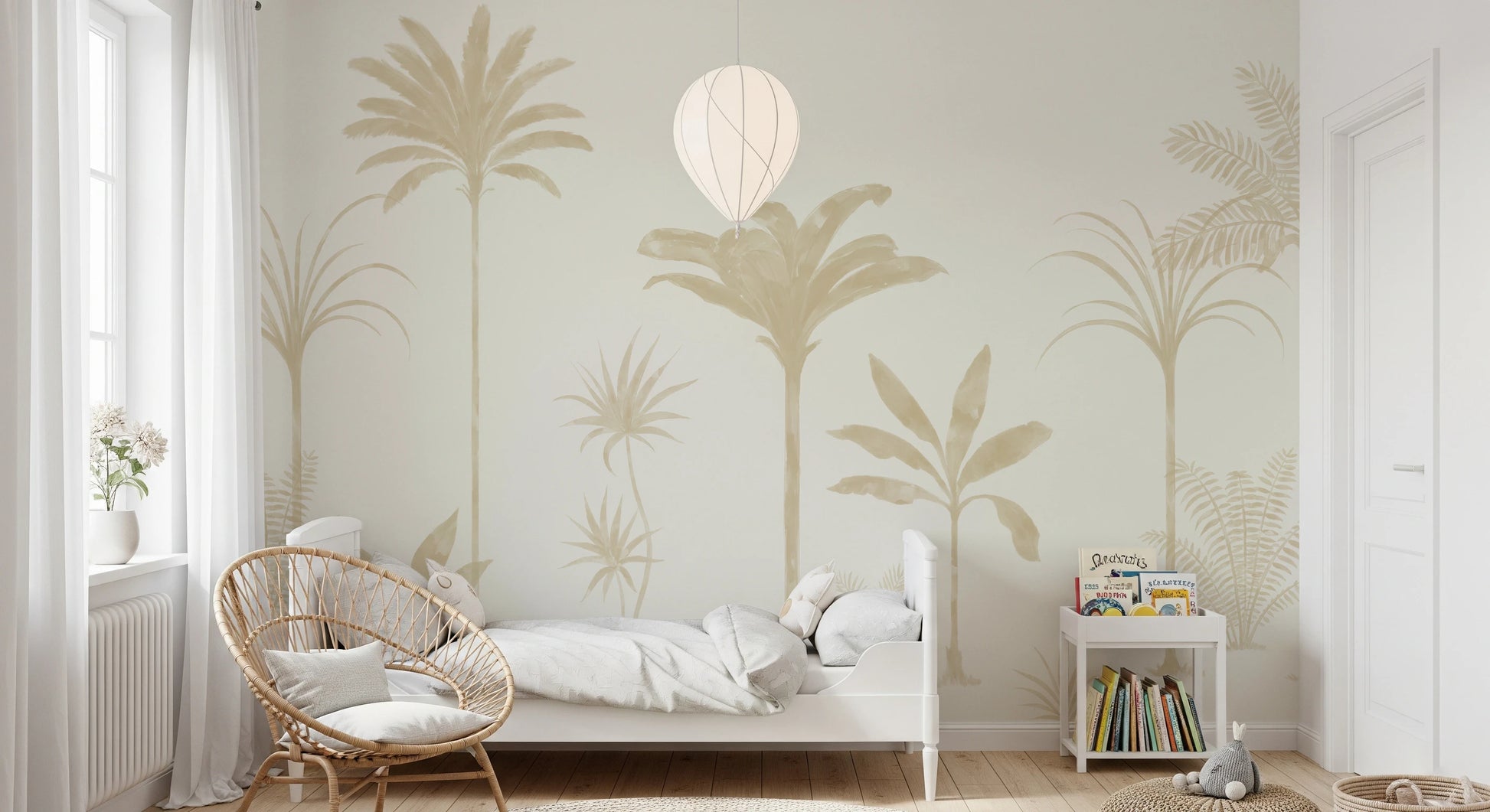 Beige fern and palm wall mural with airy watercolor brushwork. 