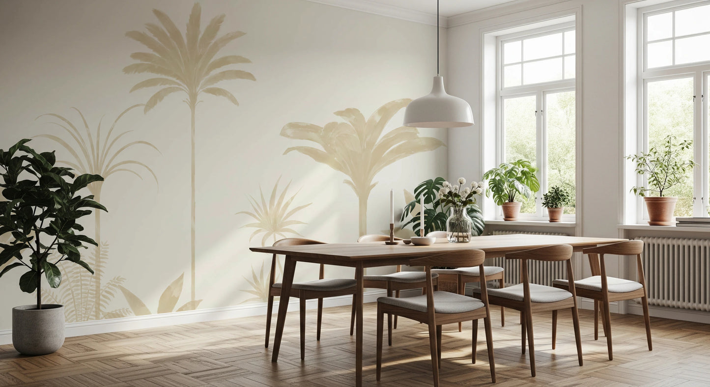 Watercolor palm wall mural with quiet botanical mood in dining area.