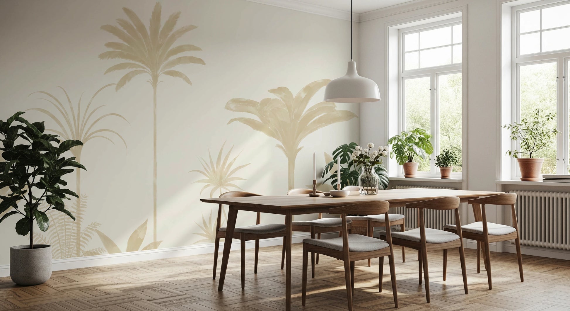 Watercolor palm wall mural with quiet botanical mood in dining area.