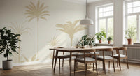 Watercolor palm wall mural with quiet botanical mood in dining area.
