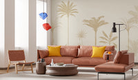 Watercolor tropical wall mural with palms and ferns in sandy beige.