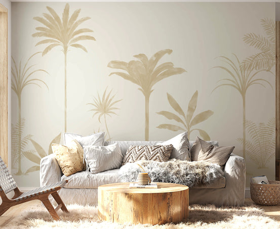 Tropical mural installed in a living room with warm natural light.