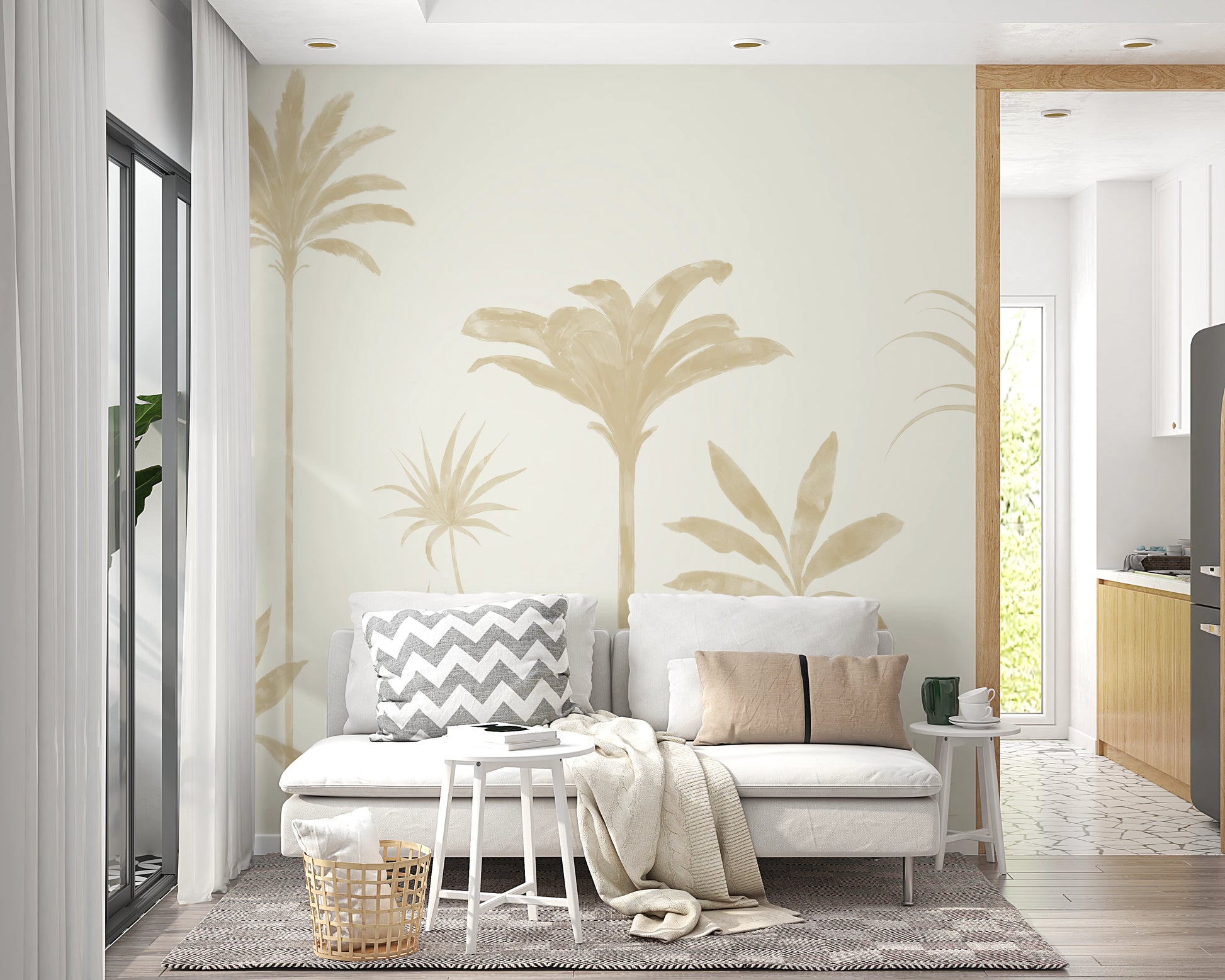 Soft tropical wall mural with grove layout of palms and grasses. 