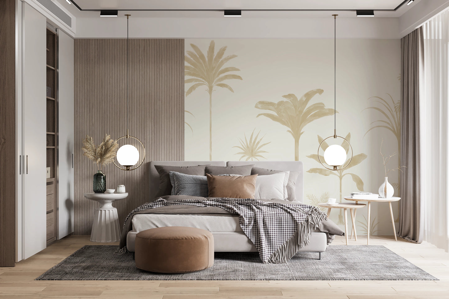 Palm and fern wall mural in a bedroom with calm neutral lighting.