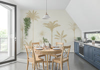 Botanical palm tree mural covering a dining room feature wall in beige tone.