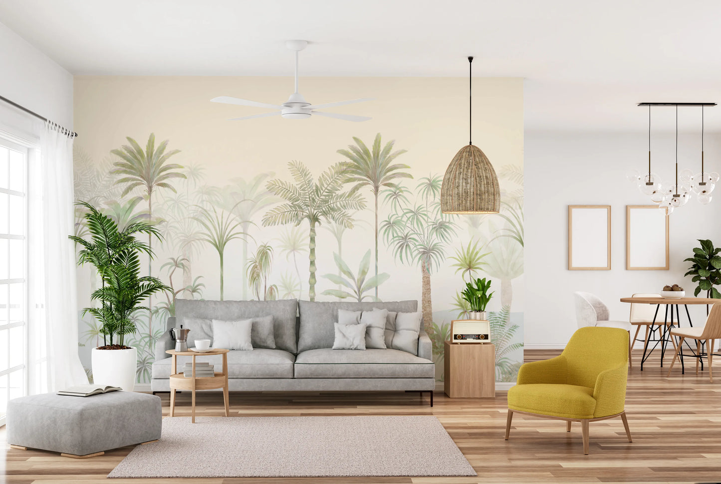Layered sage and mint green palm fronds rising from a misty pale blue ground wall mural in painterly style.