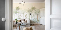 Botanical palm wall mural featuring varied tree heights and feathered painted edges on cream tone.