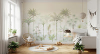 Ethereal palm wall mural in kids room with cream sky and tall palm tree forms.