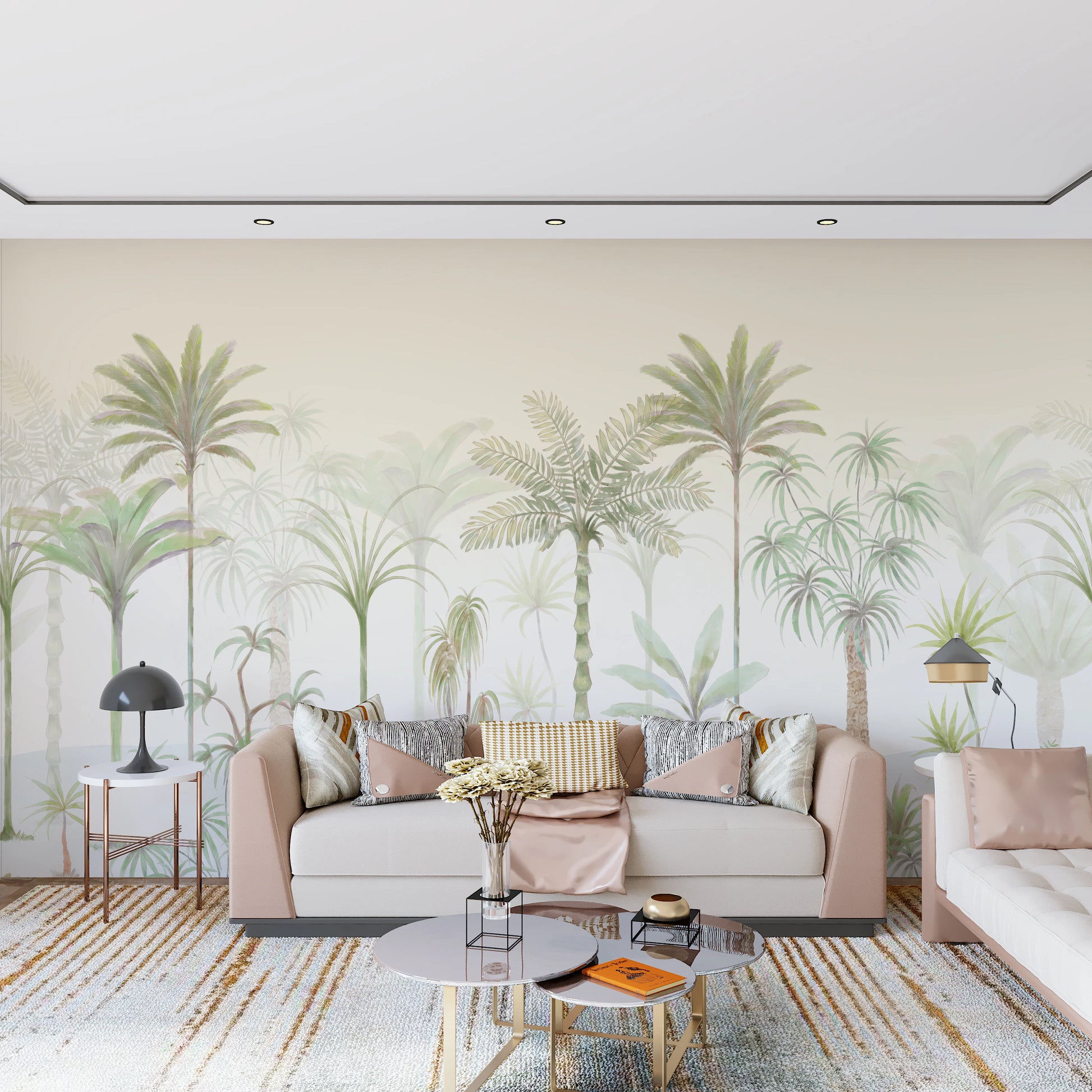 Ethereal Palm Whisper Wall Mural with watercolor palm trees on a soft cream sky background.