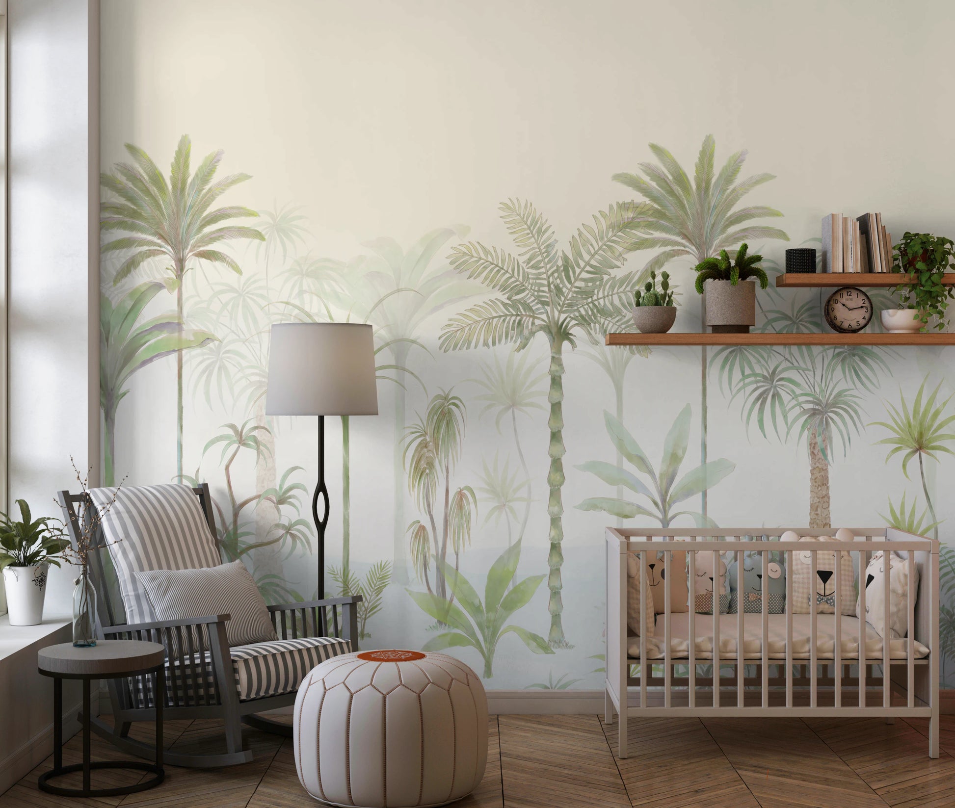 Painterly palm tree wall mural with sage green fronds dusty mint shrubs and a tiny pink bloom.