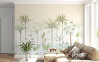 Garden-inspired palm mural on a living area wall in soft watercolor sage and pale mint tones.