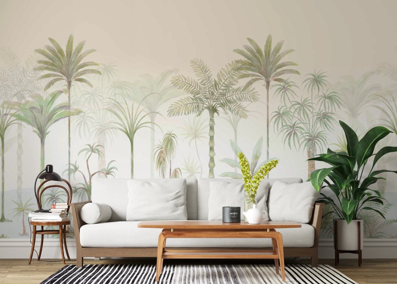 Painterly palm mural on a living room wall with cream sky background and layered greens. 