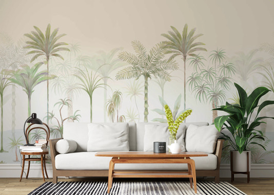 Painterly palm mural on a living room wall with cream sky background and layered greens. 