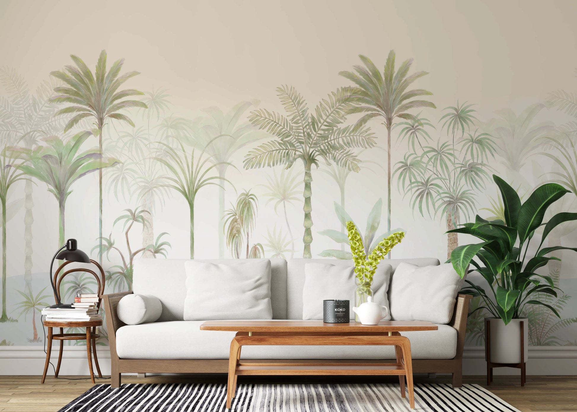 Painterly palm mural on a living room wall with cream sky background and layered greens. 