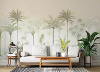 Painterly palm mural on a living room wall with cream sky background and layered greens. 