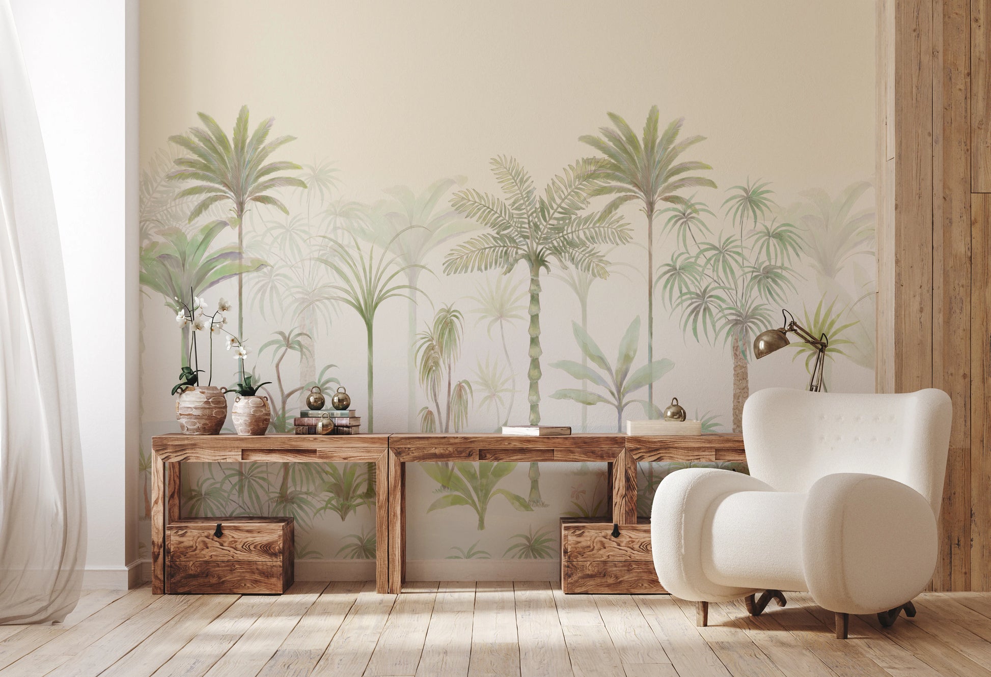 Tall watercolor palms wall mural with textured taupe trunks set against a soft buttery cream backdrop. 