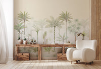 Tall watercolor palms wall mural with textured taupe trunks set against a soft buttery cream backdrop. 