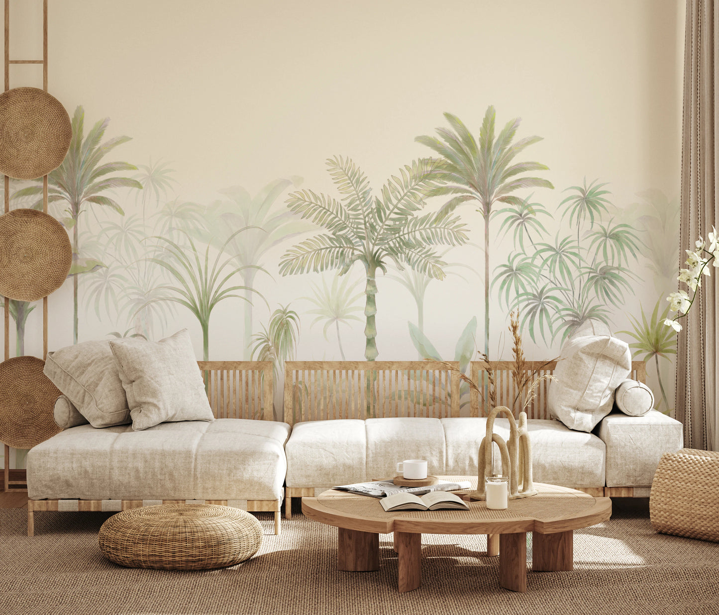 Tropical watercolor palm wall mural with sage and mint green foliage in living room.