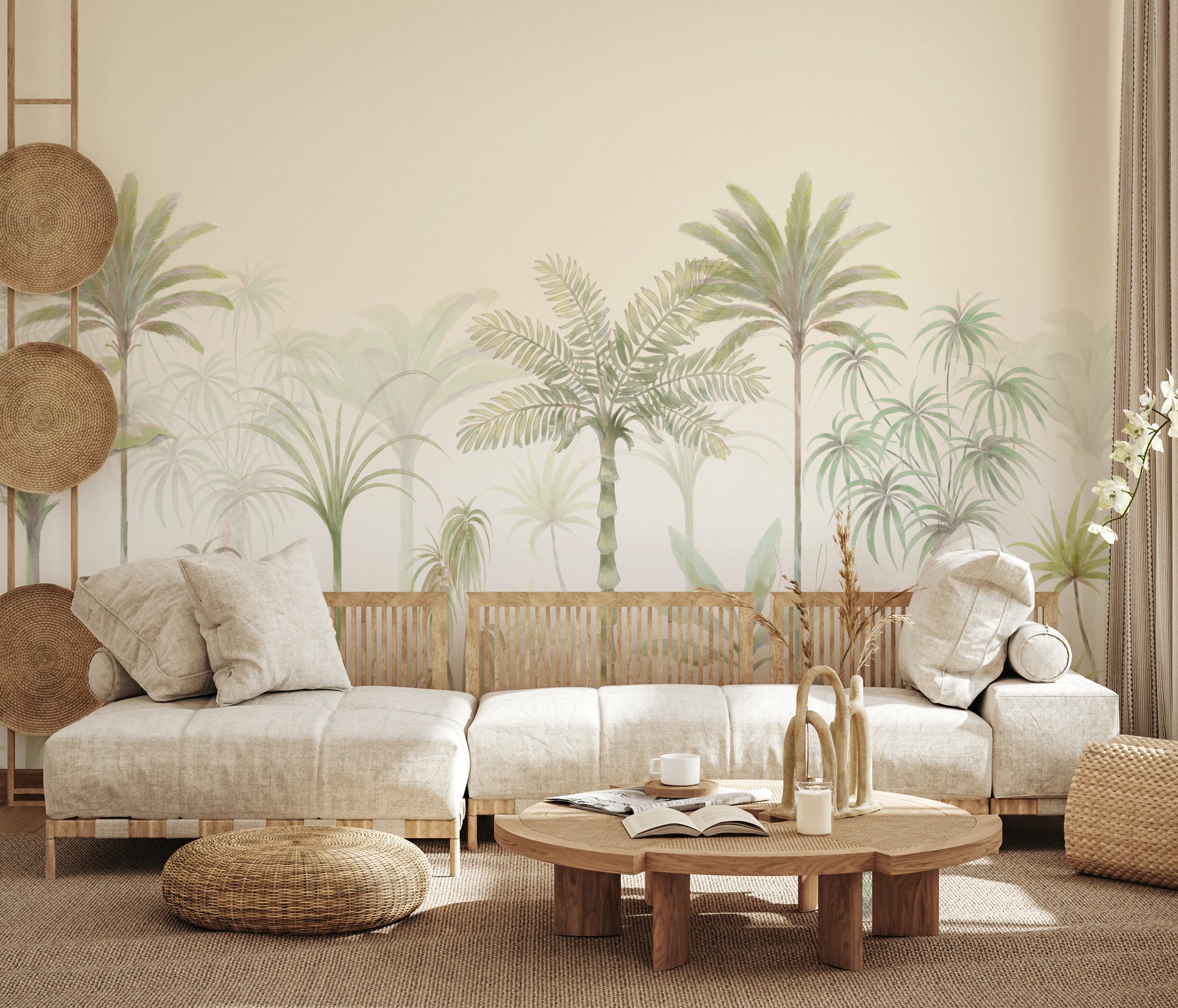 Tropical watercolor palm wall mural with sage and mint green foliage in living room.