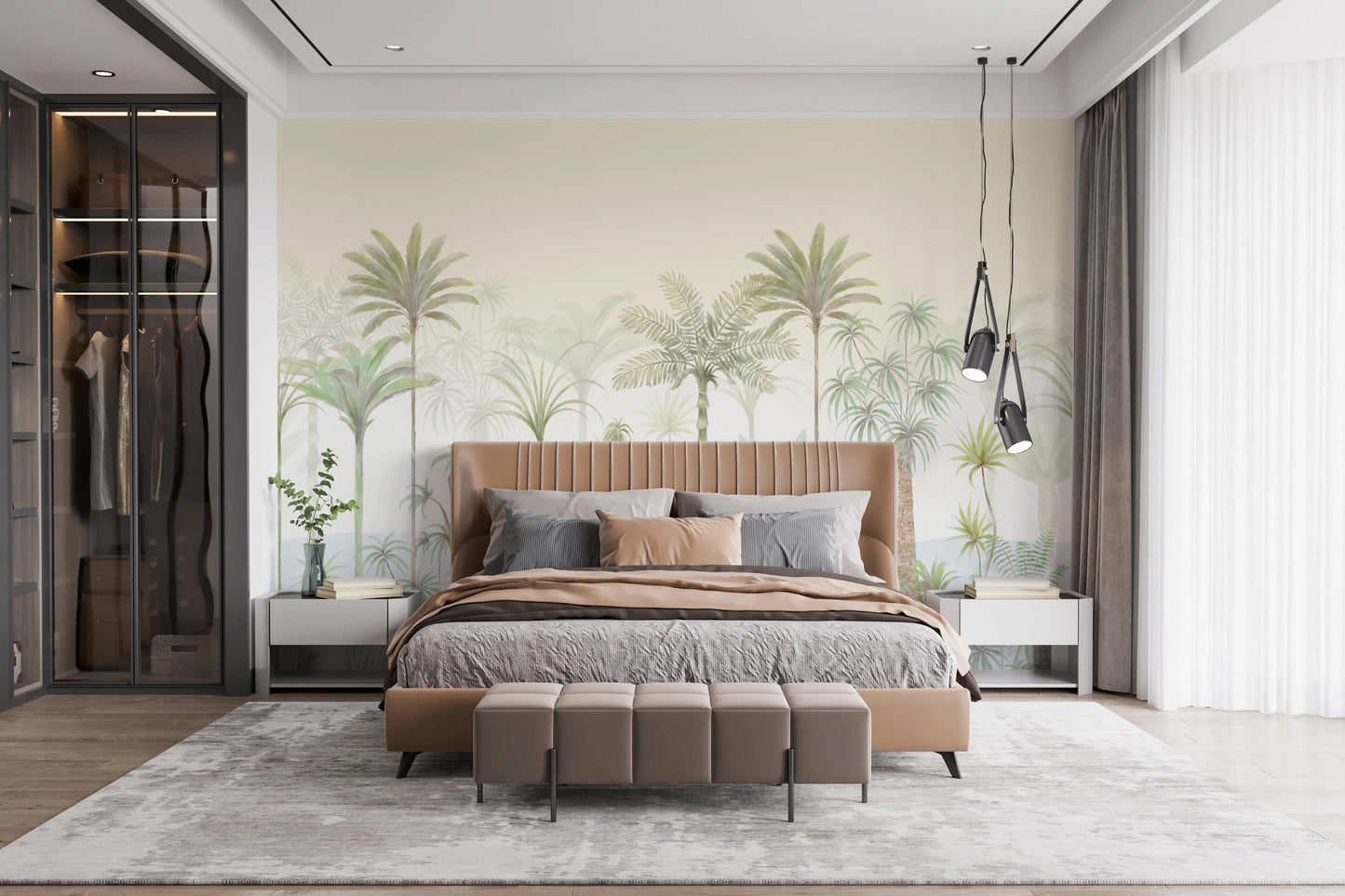 Ethereal palm mural across a bedroom wall with soft cream sky and watercolor palm trees.
