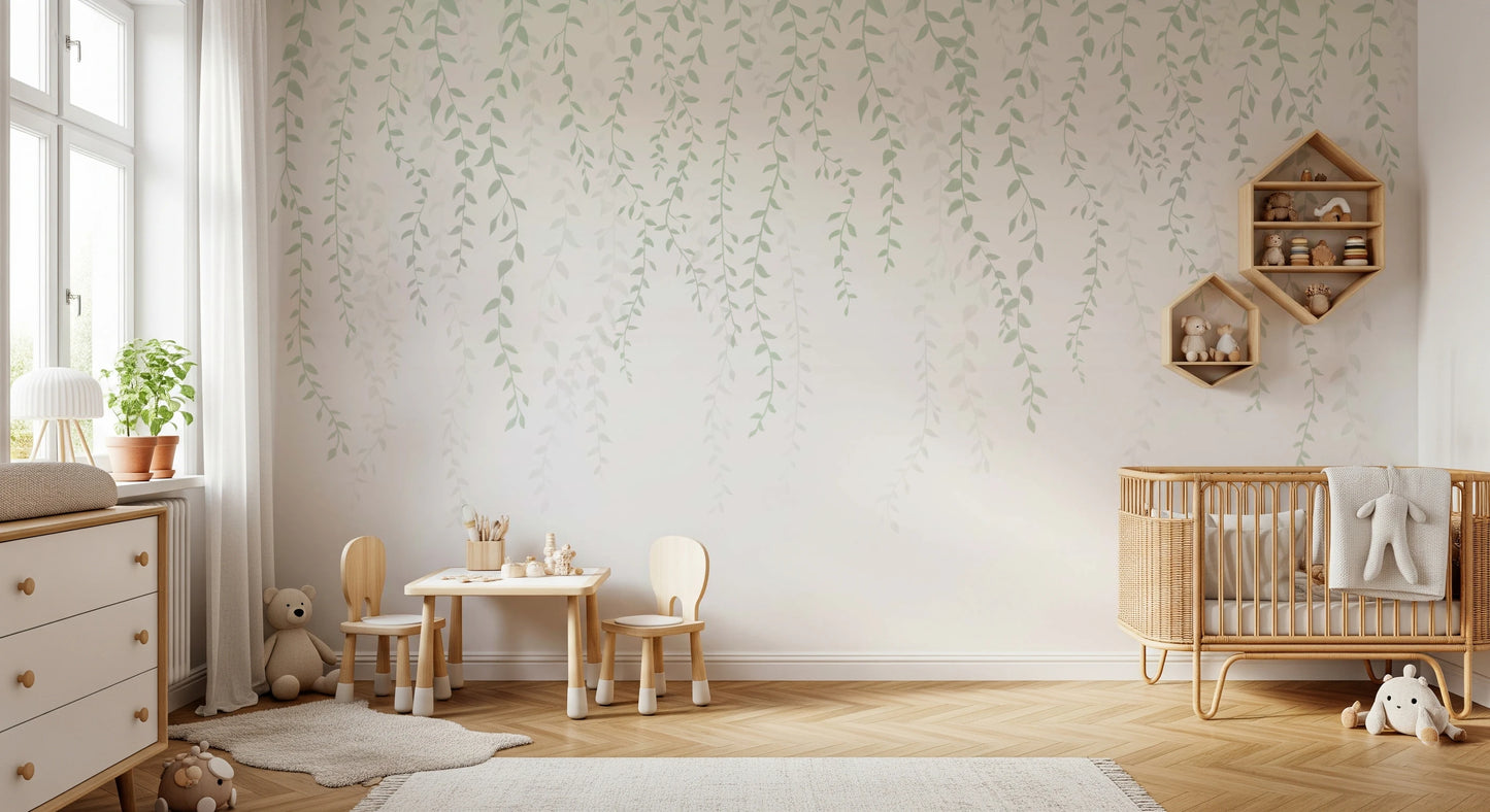 Toddler room wall with cascading sage and grey vine pattern mural.