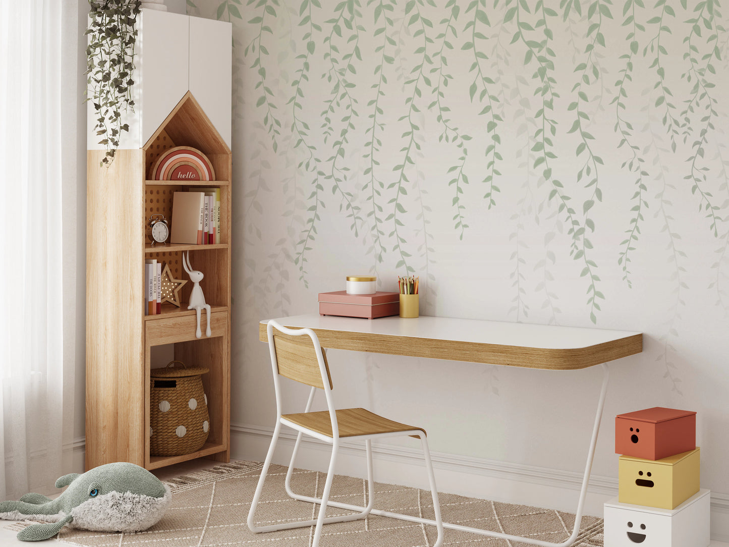 Study wall with airy minimalist trailing leaf mural in cream tone.