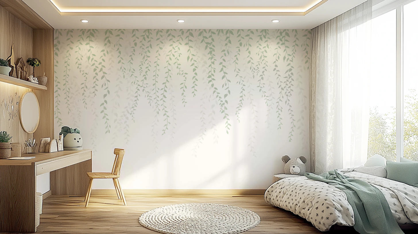 Bedroom wall with whispering vines trailing leaf mural. 