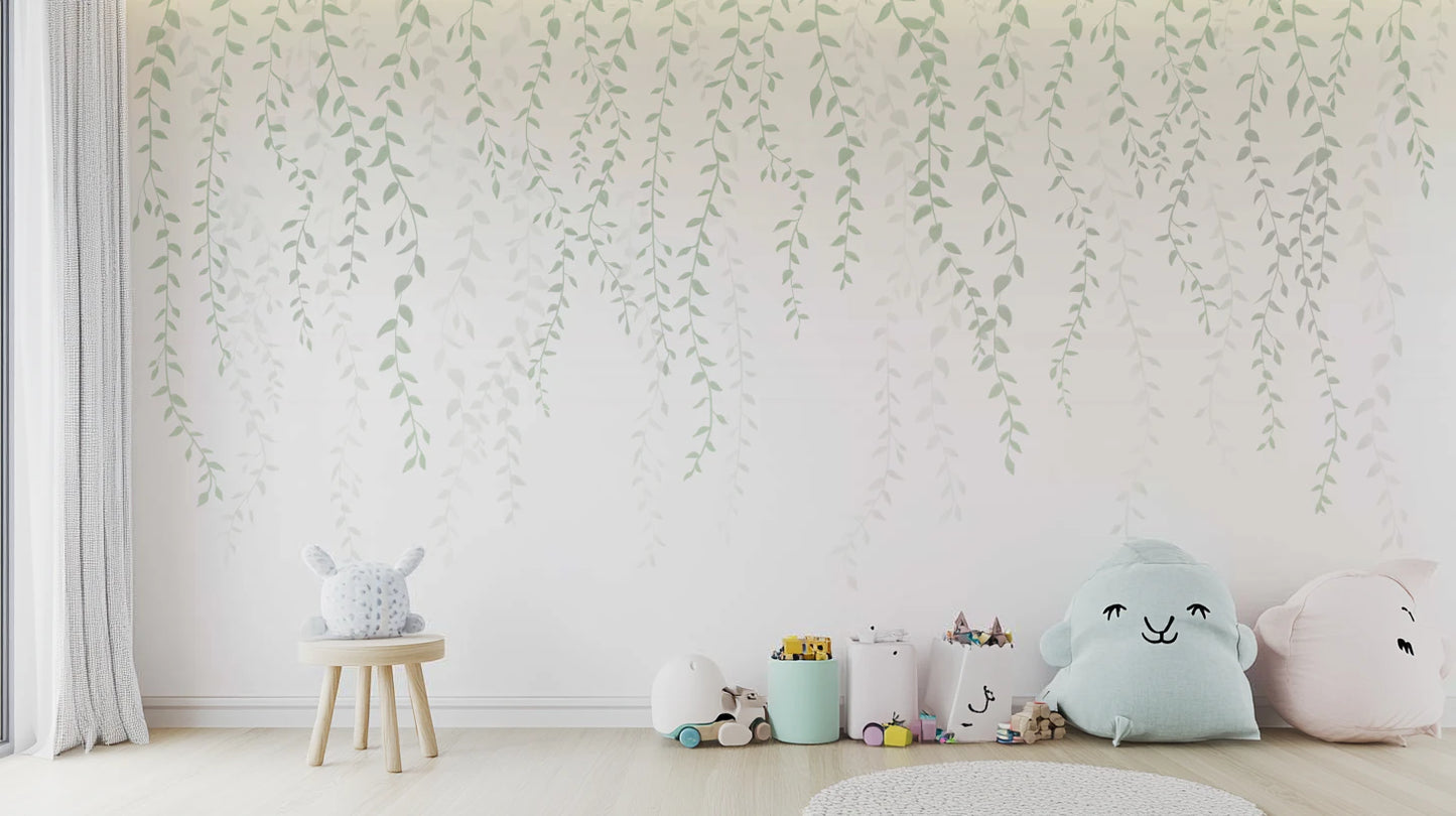 Minimalist vine wall mural with small oval leaves in muted greens.