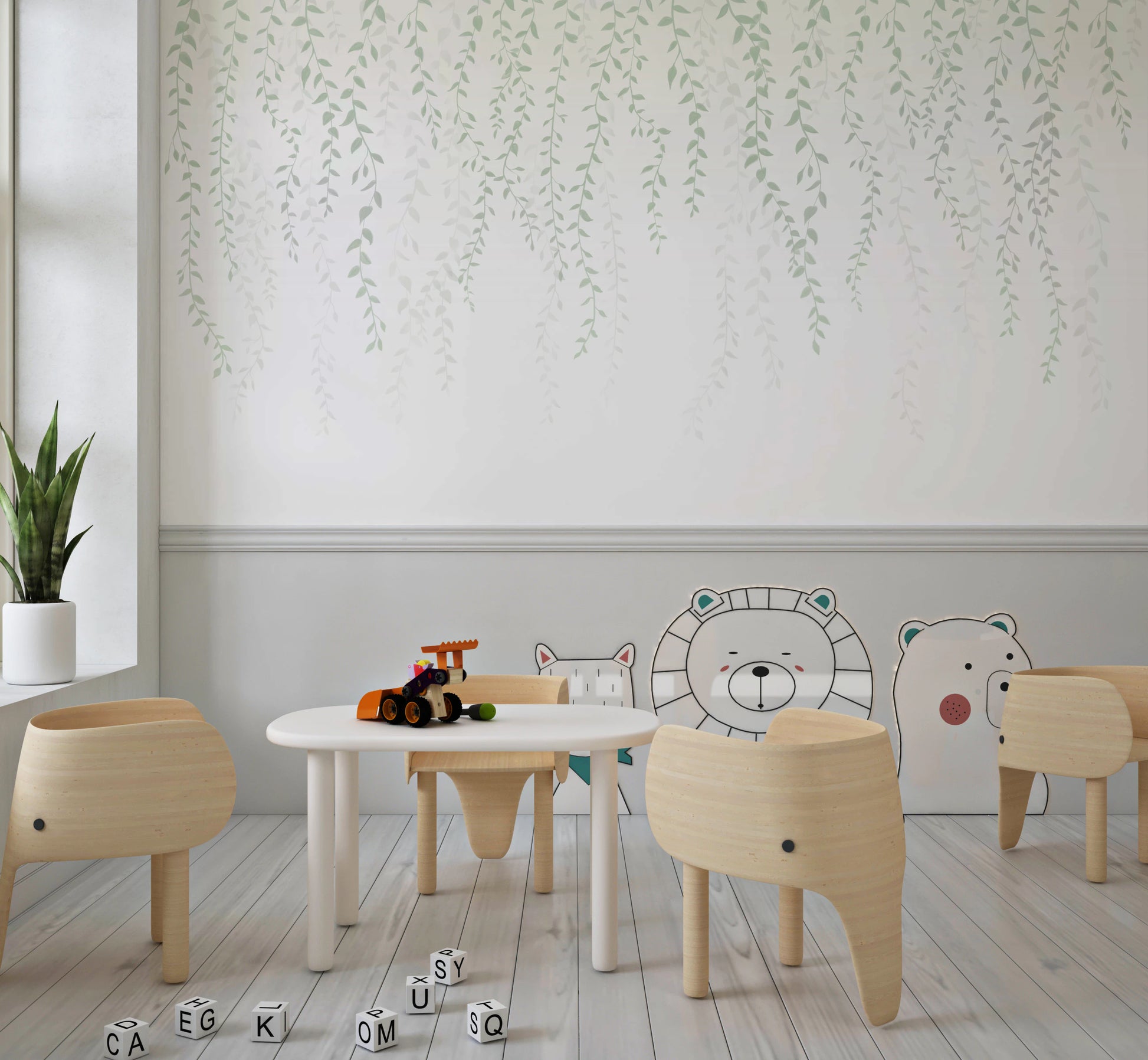 Nursery wall featuring soft sage green hanging vines mural.