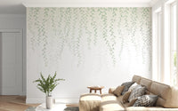 Trailing vines wall mural with ivory backdrop and pale dove grey leaves.