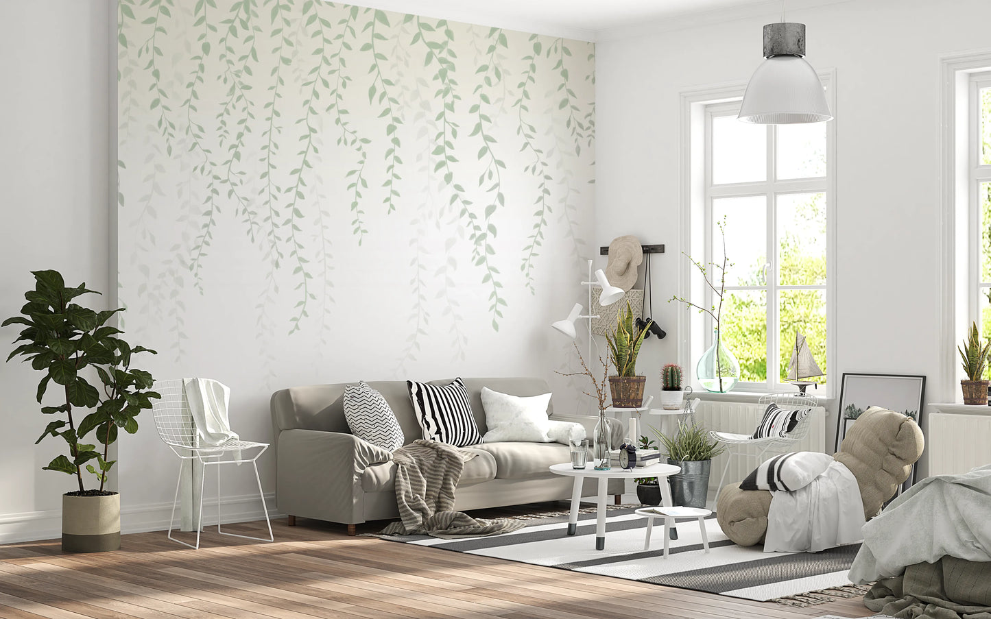 Whispering vines wall mural with trailing sage green leaves. 
