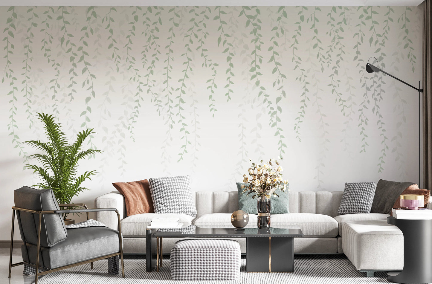 Living room wall with delicate trailing vine watercolor mural.