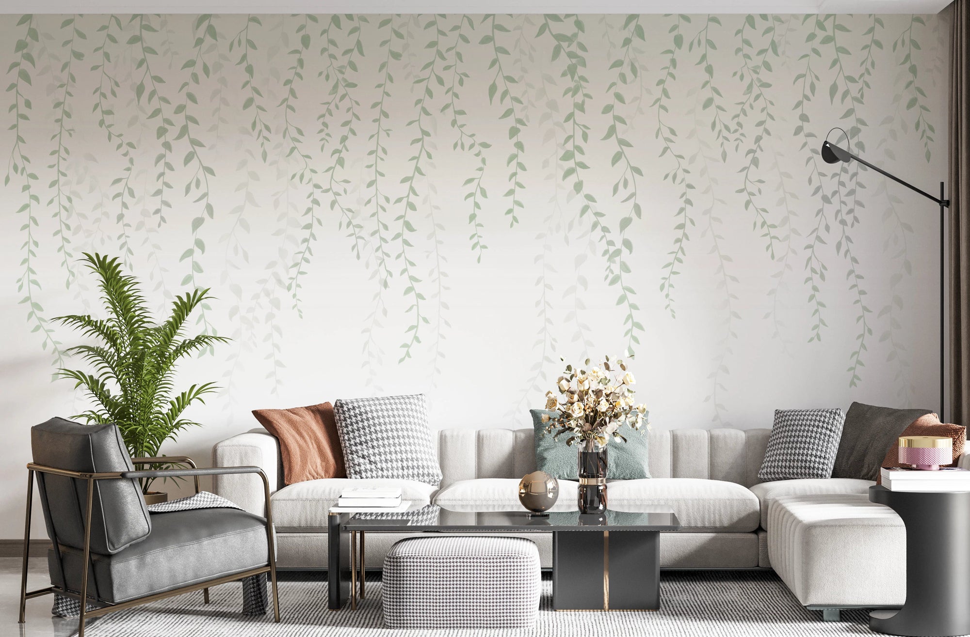 Living room wall with delicate trailing vine watercolor mural.