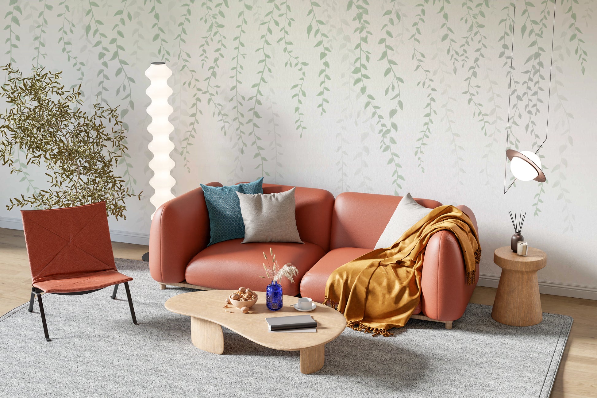 Hanging vines mural with soft watercolor sage and grey foliage.