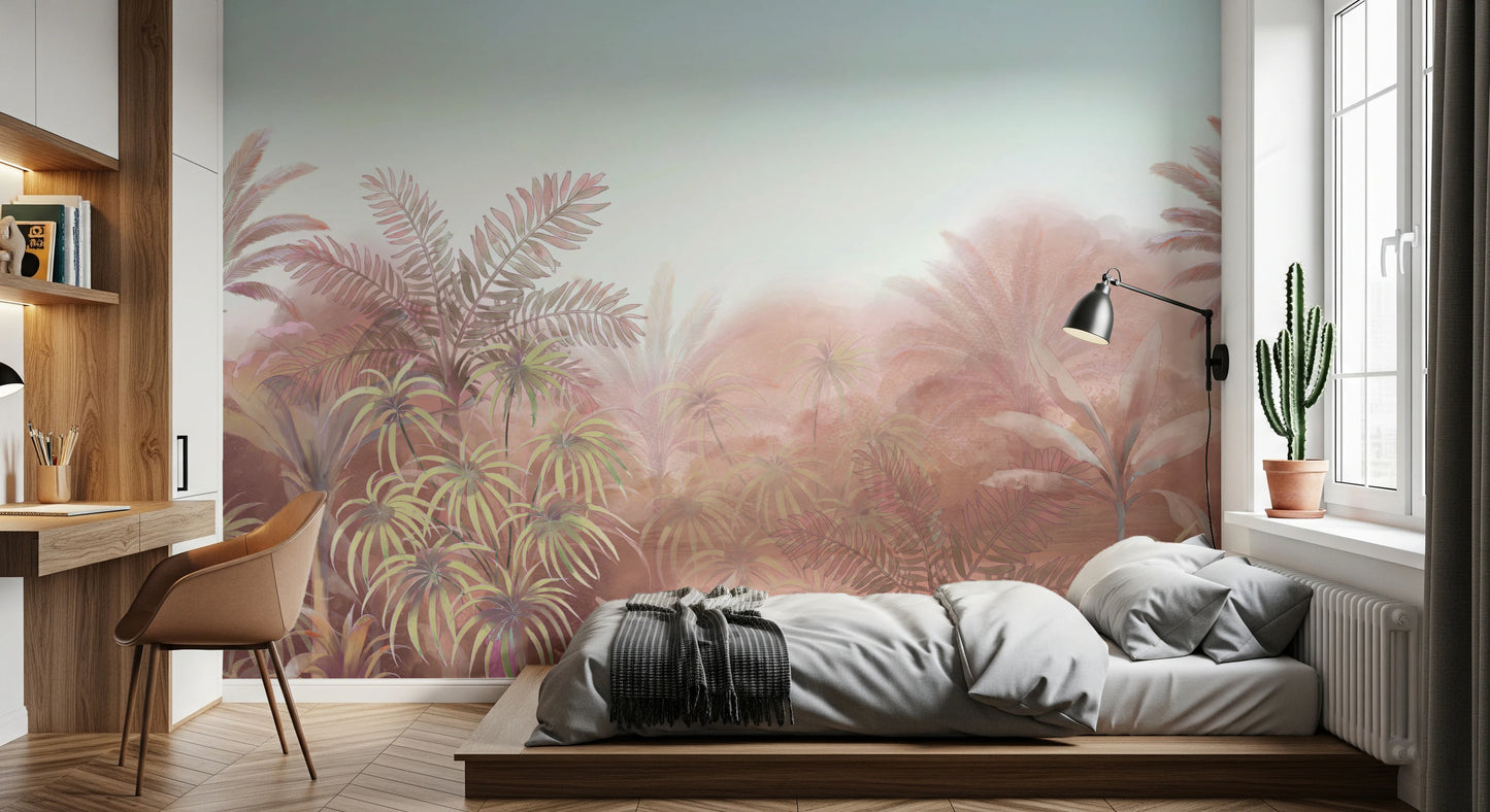 Watercolor jungle wall mural in blush, dusty rose, and sage tones.