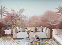 Living room wall with tropical foliage mural in pink tone.