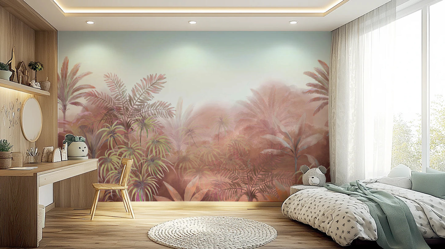 Bedroom feature wall with blush jungle watercolor mural.