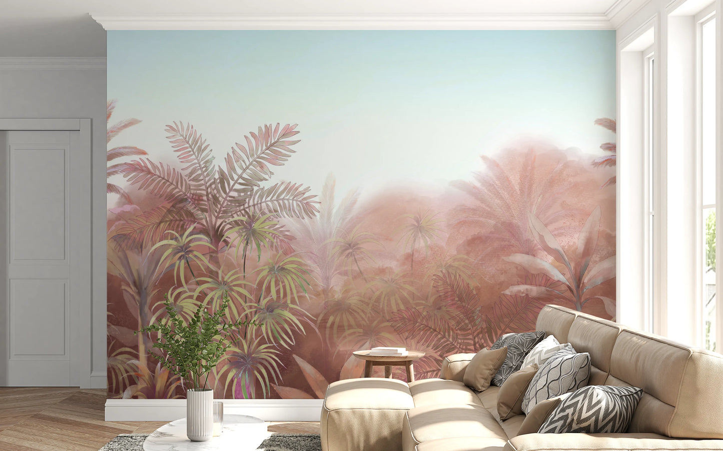 Hallway wall featuring painterly jungle mural in coral tones.