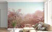 Hallway wall featuring painterly jungle mural in coral tones.