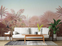 Painterly tropical wall mural with layered palm fronds and ferns.