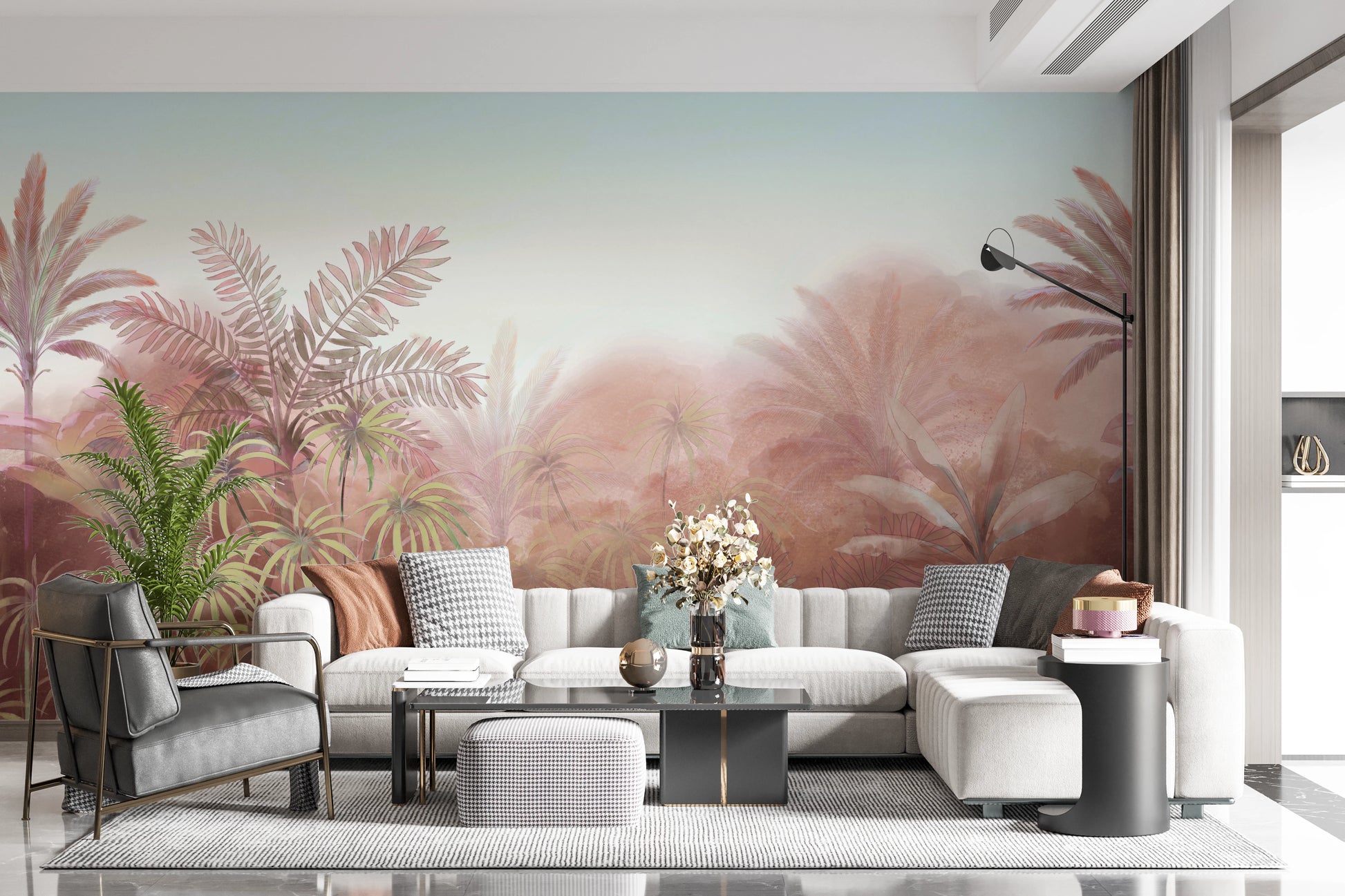 Blush jungle wall mural with painterly palm fronds and ferns.