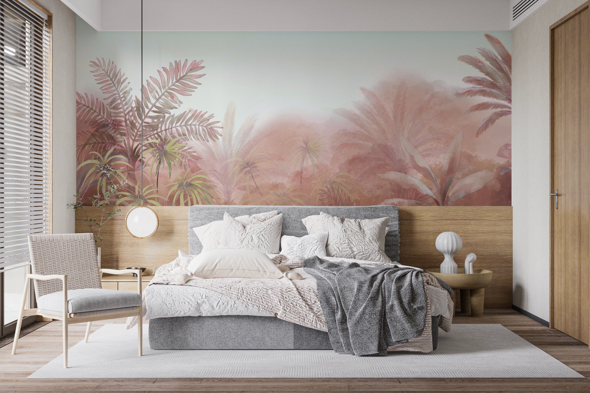 Pink and coral tropical foliage mural with pampas plumes. 