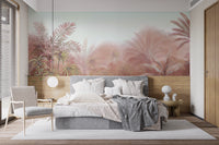 Pink and coral tropical foliage mural with pampas plumes. 