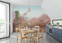 watercolor tropical foliage mural with palm tree in dining room.